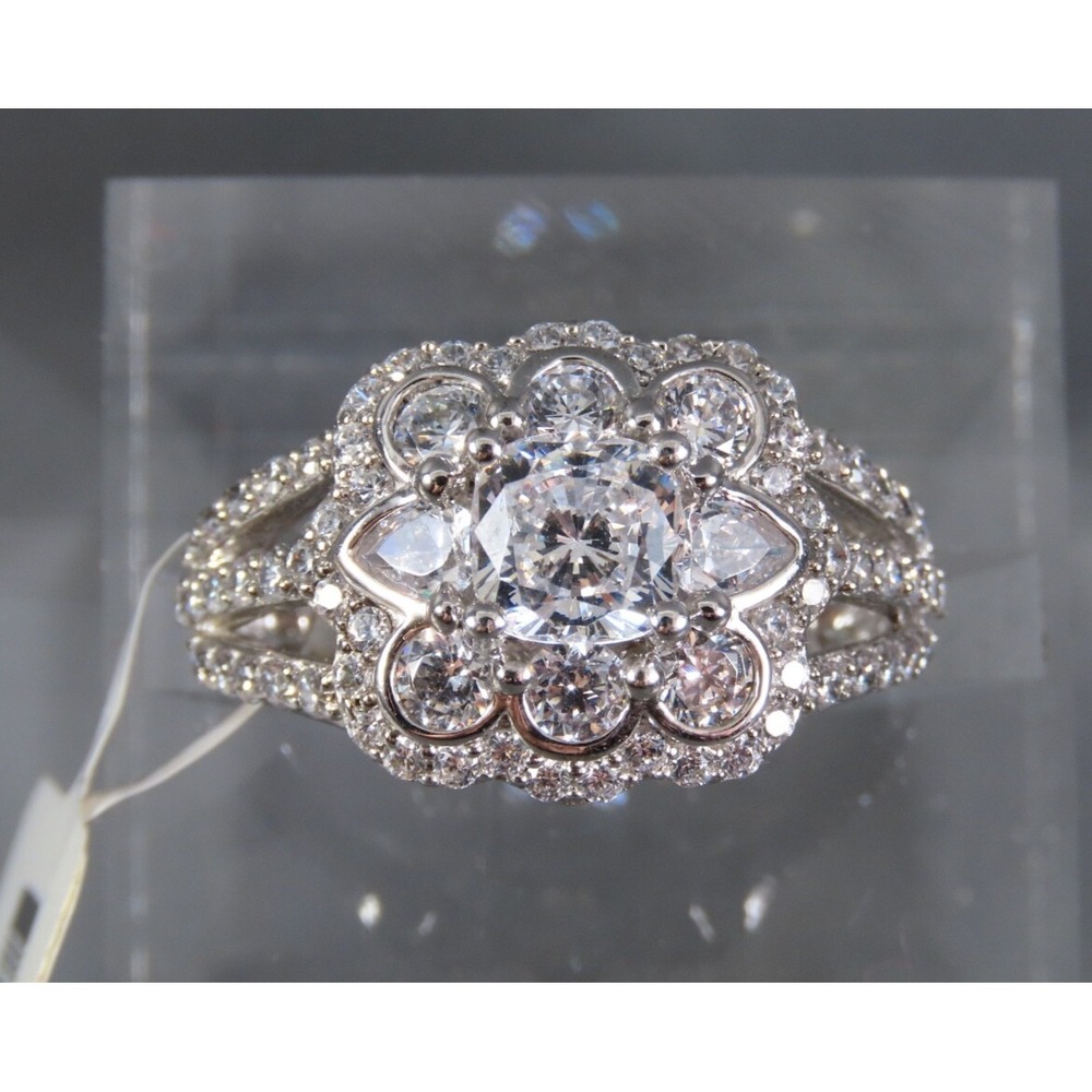New JTV BELLA LUCE Cocktail Ring SlMULATED DlAMOND Sterling Silver CLUSTER sz 7